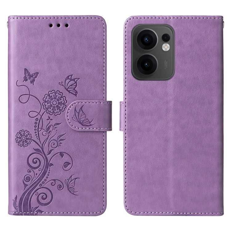 For Oppo Reno13 F 5G Leather Case Butterfly Floral Imprint Wallet Stand Cover - Purple