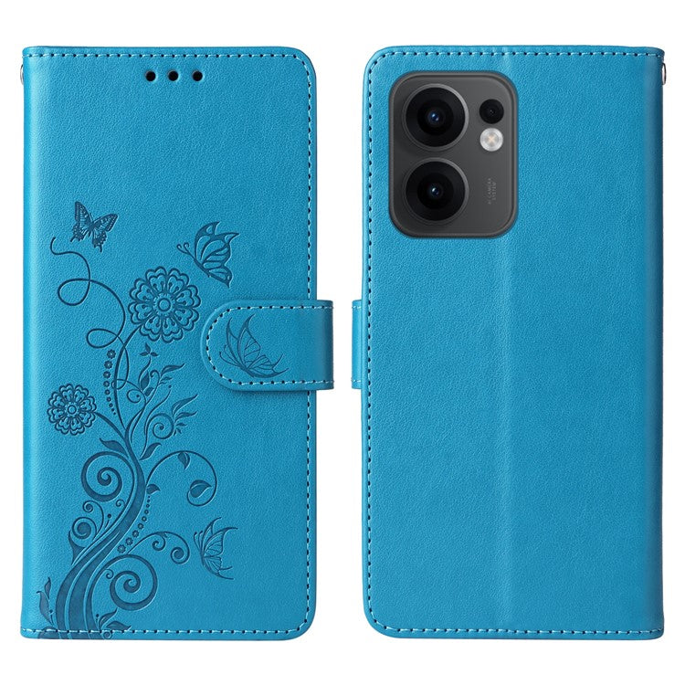 For Oppo Reno13 F 5G Leather Case Butterfly Floral Imprint Wallet Stand Cover - Blue