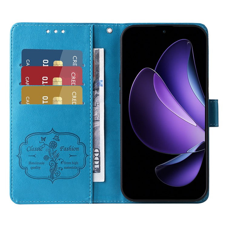 For Oppo Reno13 F 5G Leather Case Butterfly Floral Imprint Wallet Stand Cover - Blue