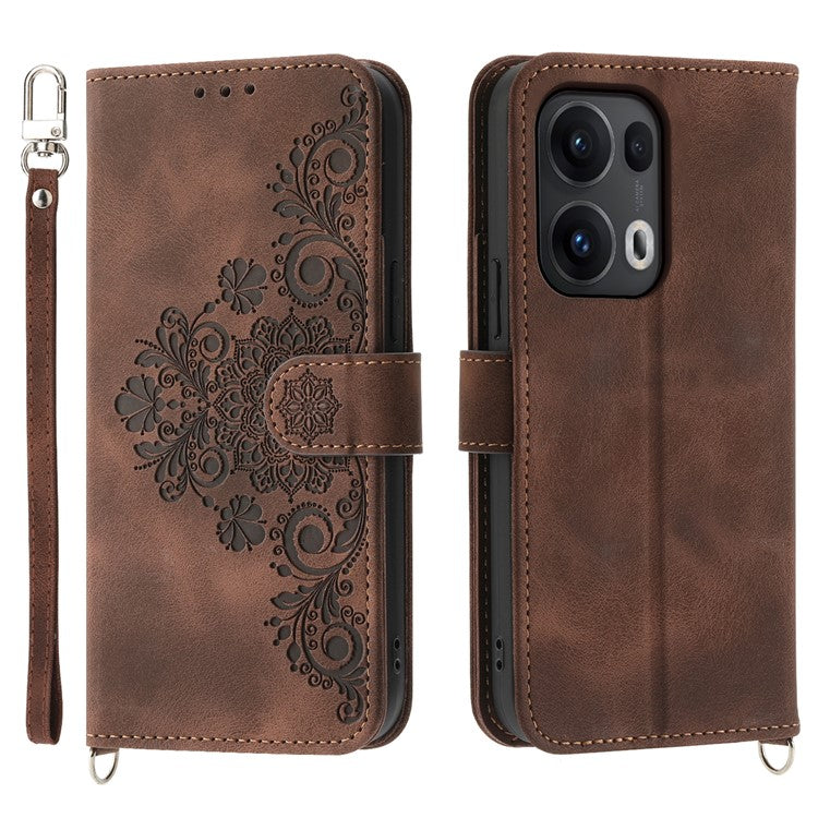 For Oppo Reno13 Pro 5G Case Flower Pattern PU Leather Wallet Phone Cover with Strap - Brown