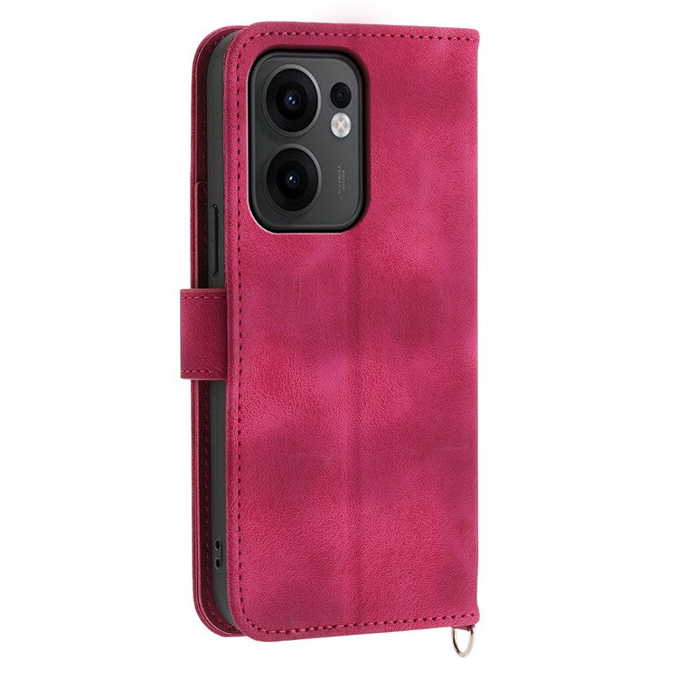 For Oppo Reno13 F 5G Case Flower Pattern PU Leather Wallet Phone Cover with Strap - Wine Red