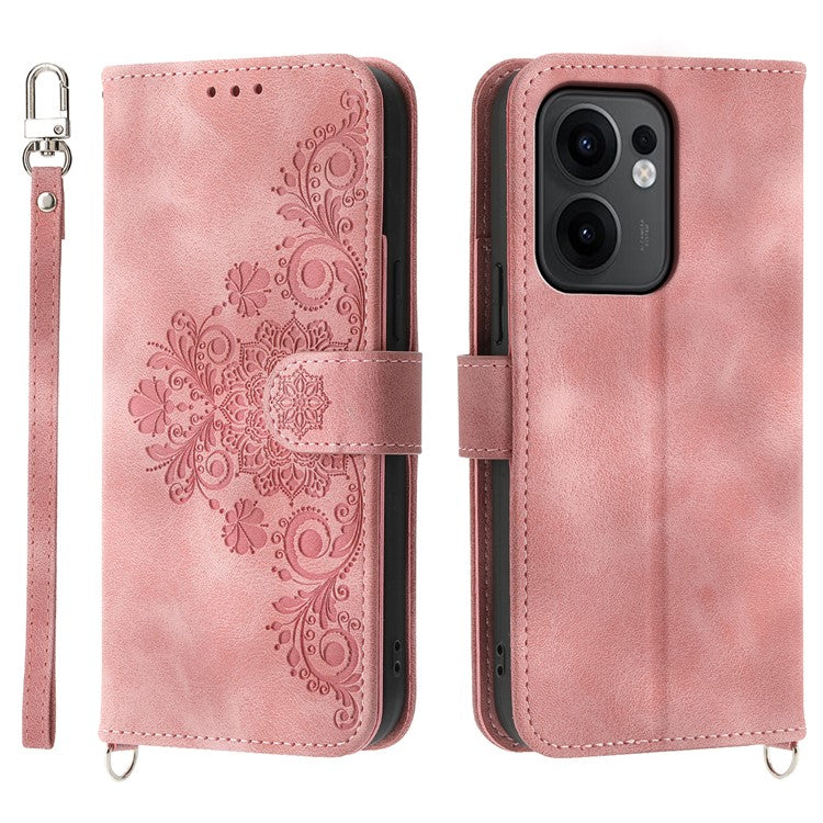 For Oppo Reno13 F 5G Case Flower Pattern PU Leather Wallet Phone Cover with Strap - Pink