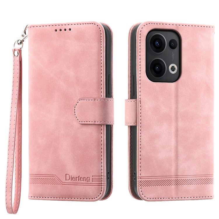 DIERFENG DF-03 For Oppo Reno13 5G (Global) Leather Case Lines Imprint Wallet Phone Cover - Pink