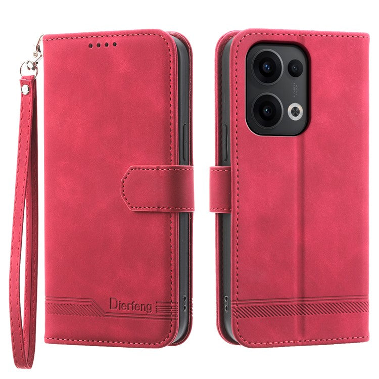 DIERFENG DF-03 For Oppo Reno13 5G (Global) Leather Case Lines Imprint Wallet Phone Cover - Red