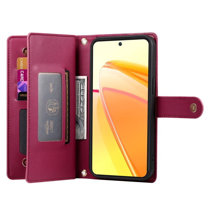 DF-011 For Oppo Reno13 5G (Global) Case Zipper Pocket Wallet Leather Phone Cover with Straps - Red