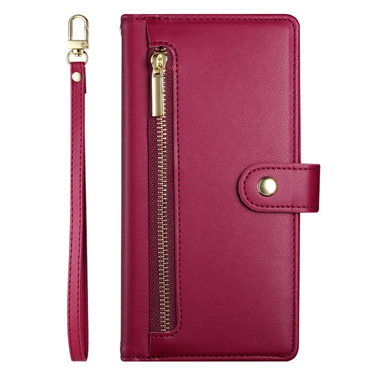DF-011 For Oppo Reno13 5G (Global) Case Zipper Pocket Wallet Leather Phone Cover with Straps - Red