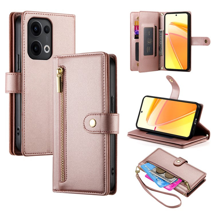 DF-011 For Oppo Reno13 5G (Global) Case Zipper Pocket Wallet Leather Phone Cover with Straps - Pink