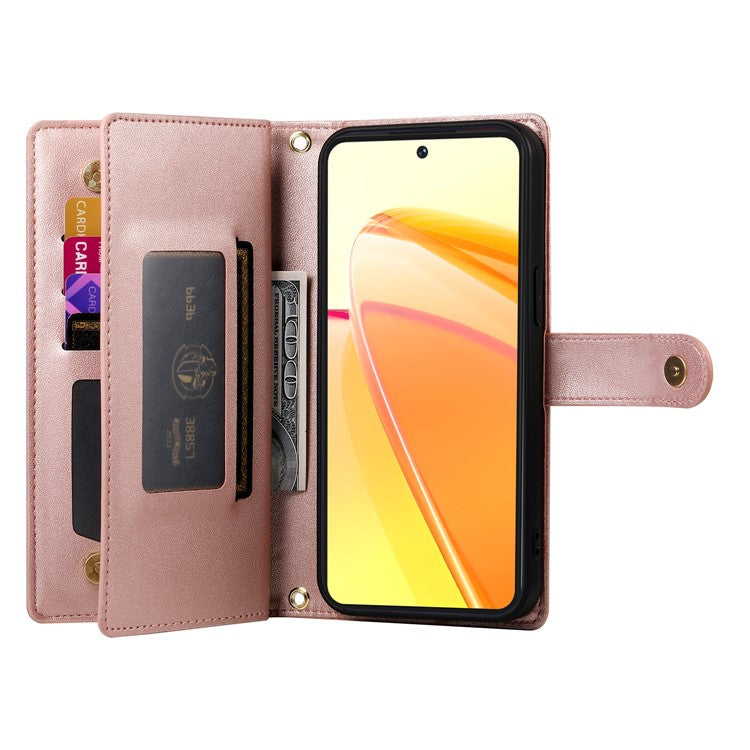 DF-011 For Oppo Reno13 5G (Global) Case Zipper Pocket Wallet Leather Phone Cover with Straps - Pink