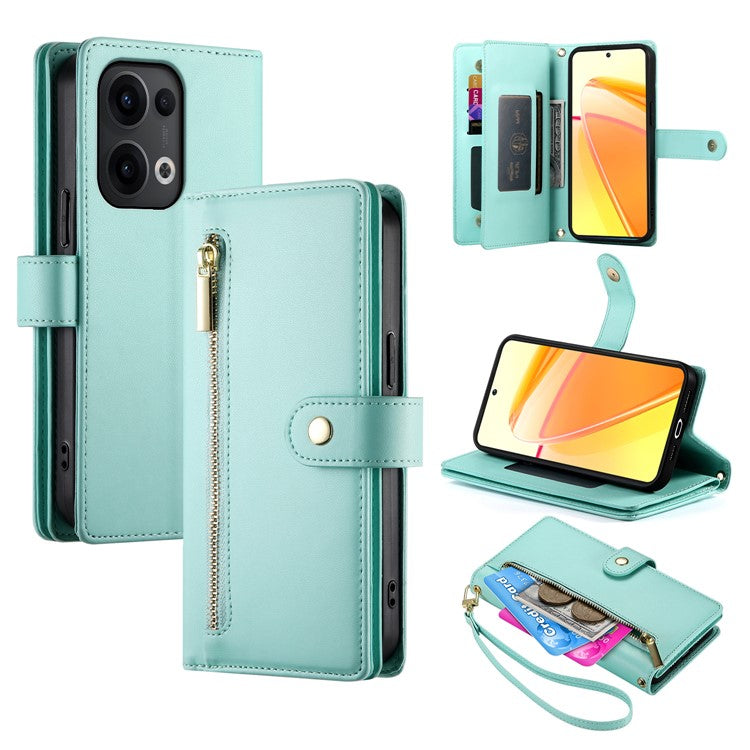 DF-011 For Oppo Reno13 5G (Global) Case Zipper Pocket Wallet Leather Phone Cover with Straps - Mint Green