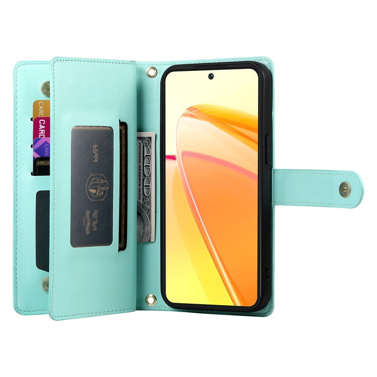 DF-011 For Oppo Reno13 5G (Global) Case Zipper Pocket Wallet Leather Phone Cover with Straps - Mint Green