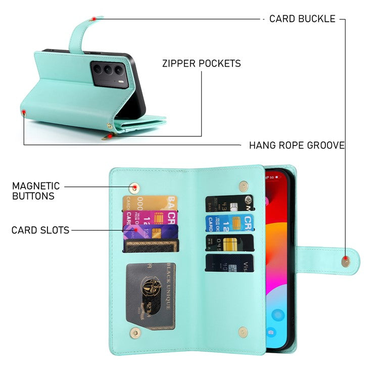 DF-011 For Oppo Reno13 5G (Global) Case Zipper Pocket Wallet Leather Phone Cover with Straps - Mint Green