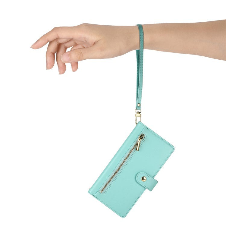 DF-011 For Oppo Reno13 5G (Global) Case Zipper Pocket Wallet Leather Phone Cover with Straps - Mint Green