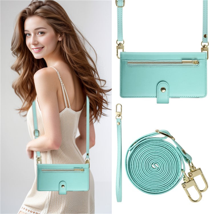 DF-011 For Oppo Reno13 5G (Global) Case Zipper Pocket Wallet Leather Phone Cover with Straps - Mint Green