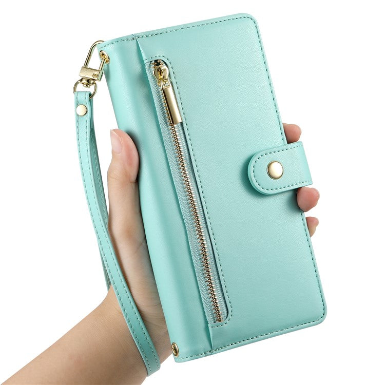 DF-011 For Oppo Reno13 5G (Global) Case Zipper Pocket Wallet Leather Phone Cover with Straps - Mint Green