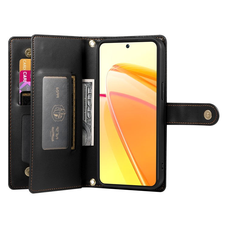 DF-011 For Oppo Reno13 5G (Global) Case Zipper Pocket Wallet Leather Phone Cover with Straps - Black