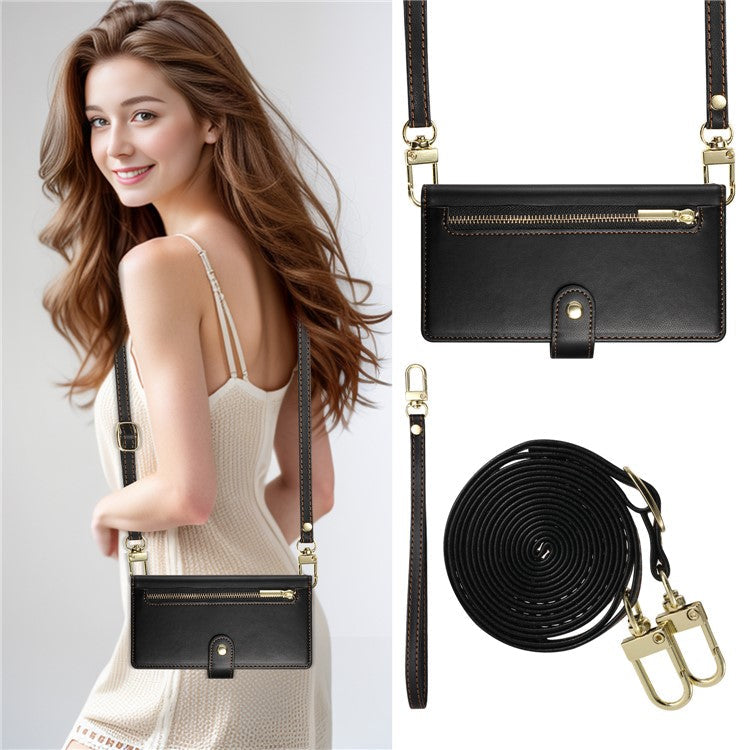 DF-011 For Oppo Reno13 5G (Global) Case Zipper Pocket Wallet Leather Phone Cover with Straps - Black