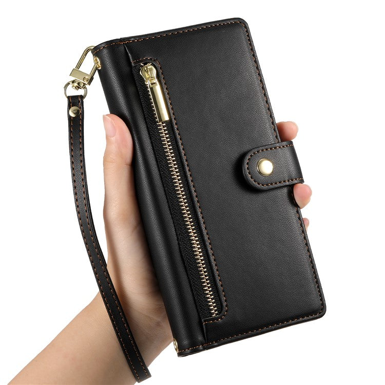 DF-011 For Oppo Reno13 5G (Global) Case Zipper Pocket Wallet Leather Phone Cover with Straps - Black