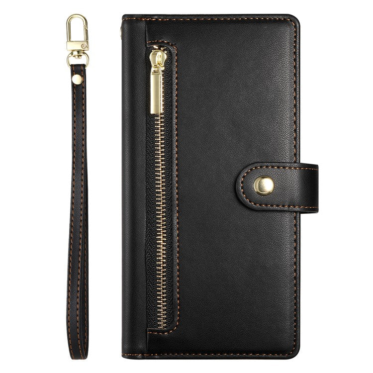 DF-011 For Oppo Reno13 5G (Global) Case Zipper Pocket Wallet Leather Phone Cover with Straps - Black