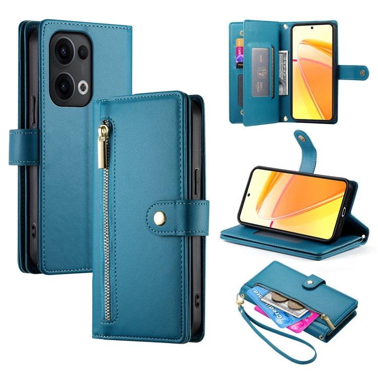 DF-011 For Oppo Reno13 5G (Global) Case Zipper Pocket Wallet Leather Phone Cover with Straps - Blue