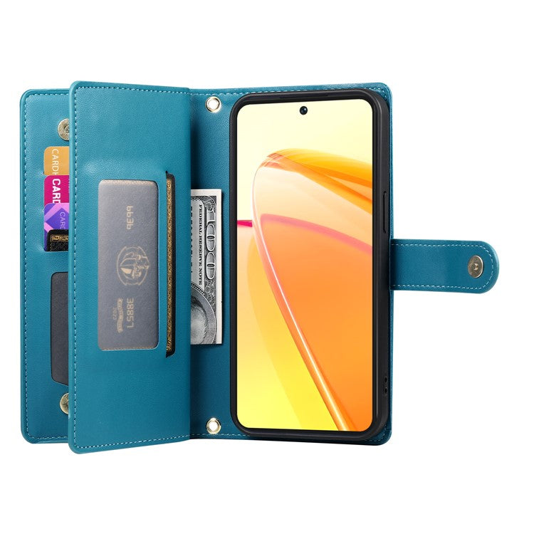 DF-011 For Oppo Reno13 5G (Global) Case Zipper Pocket Wallet Leather Phone Cover with Straps - Blue