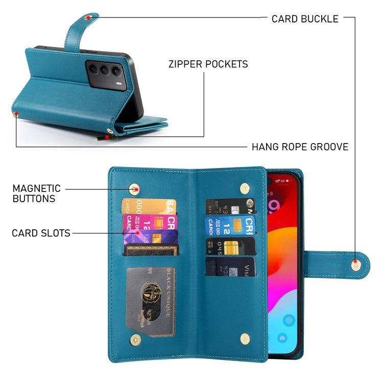 DF-011 For Oppo Reno13 5G (Global) Case Zipper Pocket Wallet Leather Phone Cover with Straps - Blue