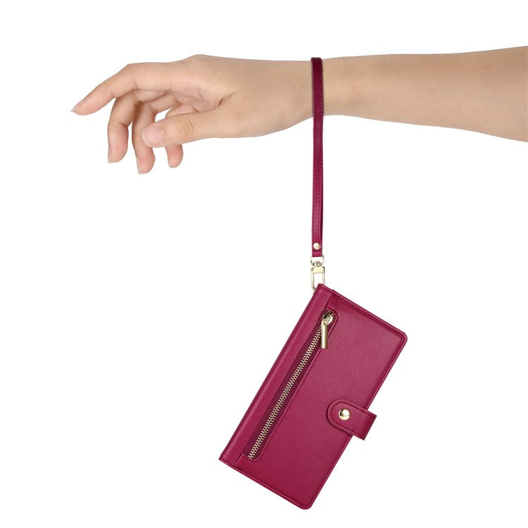 DF-011 For Oppo Reno13 Pro 5G Case Zipper Pocket Wallet Leather Phone Cover with Straps - Red