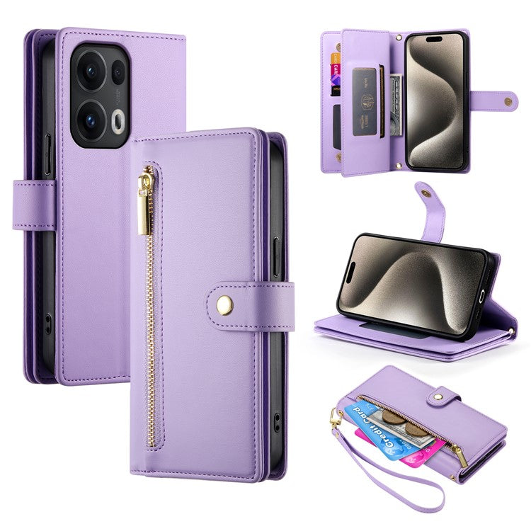 DF-011 For Oppo Reno13 Pro 5G Case Zipper Pocket Wallet Leather Phone Cover with Straps - Purple