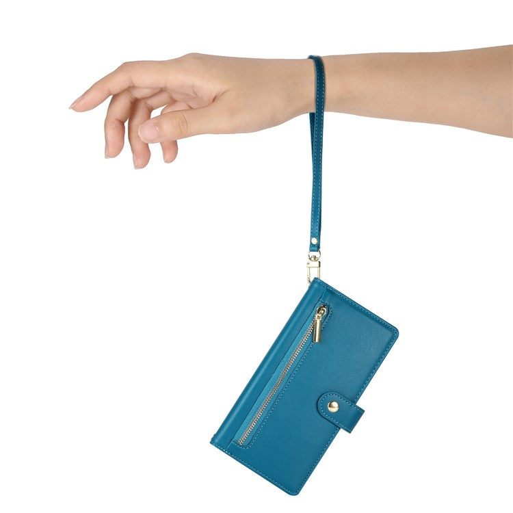 DF-011 For Oppo Reno13 Pro 5G Case Zipper Pocket Wallet Leather Phone Cover with Straps - Blue