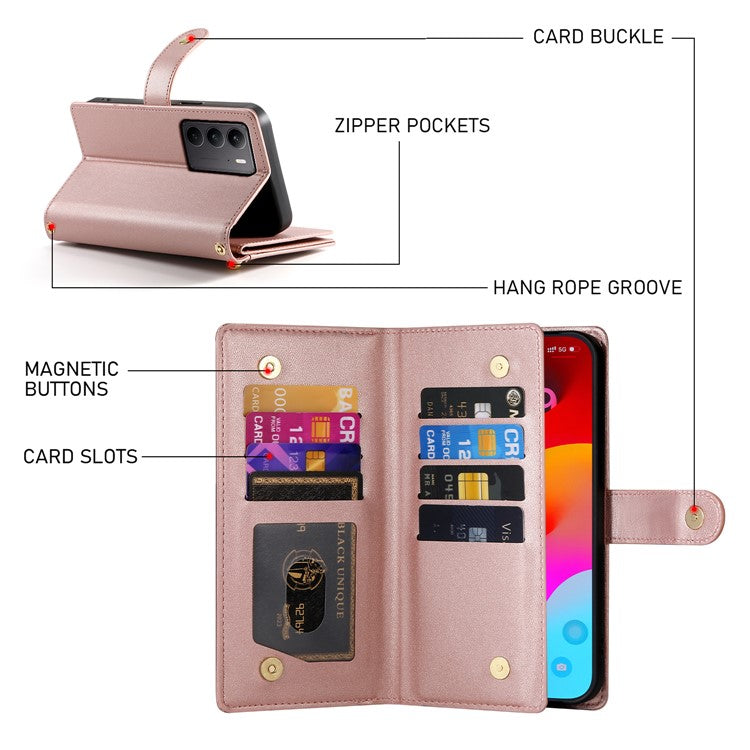 DF-011 For Oppo Reno13 F 5G Case Zipper Pocket Wallet Leather Phone Cover with Straps - Pink