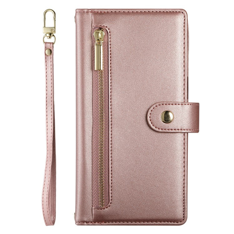 DF-011 For Oppo Reno13 F 5G Case Zipper Pocket Wallet Leather Phone Cover with Straps - Pink