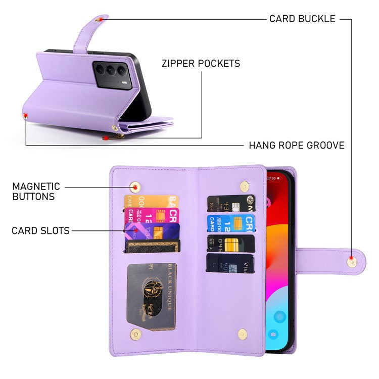 DF-011 For Oppo Reno13 F 5G Case Zipper Pocket Wallet Leather Phone Cover with Straps - Purple