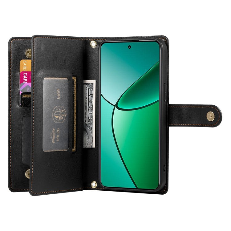 DF-011 For Oppo Reno13 F 5G Case Zipper Pocket Wallet Leather Phone Cover with Straps - Black