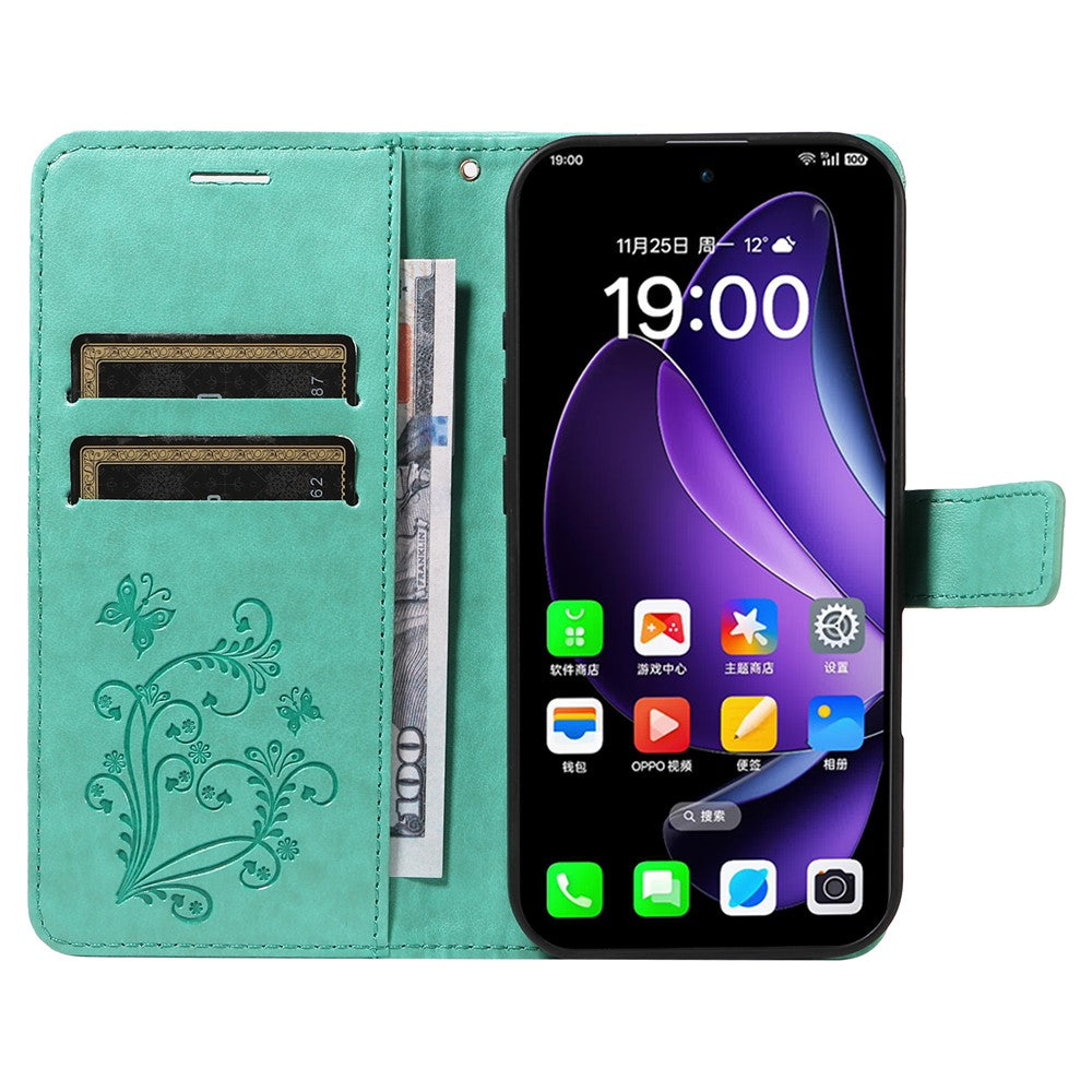 For Oppo Reno13 5G (Global) Wallet Case Floral Butterfly Imprinted Leather Phone Cover Stand - Green