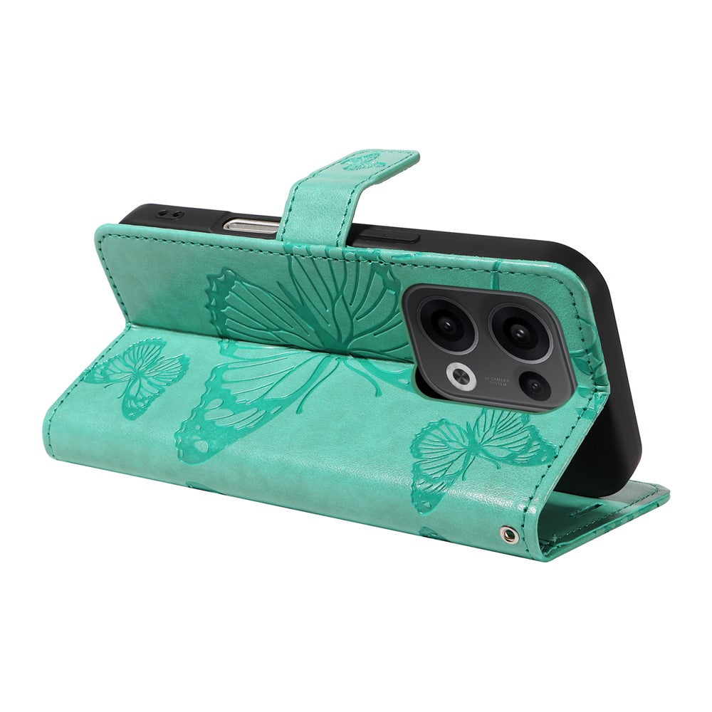 For Oppo Reno13 5G (Global) Wallet Case Floral Butterfly Imprinted Leather Phone Cover Stand - Green