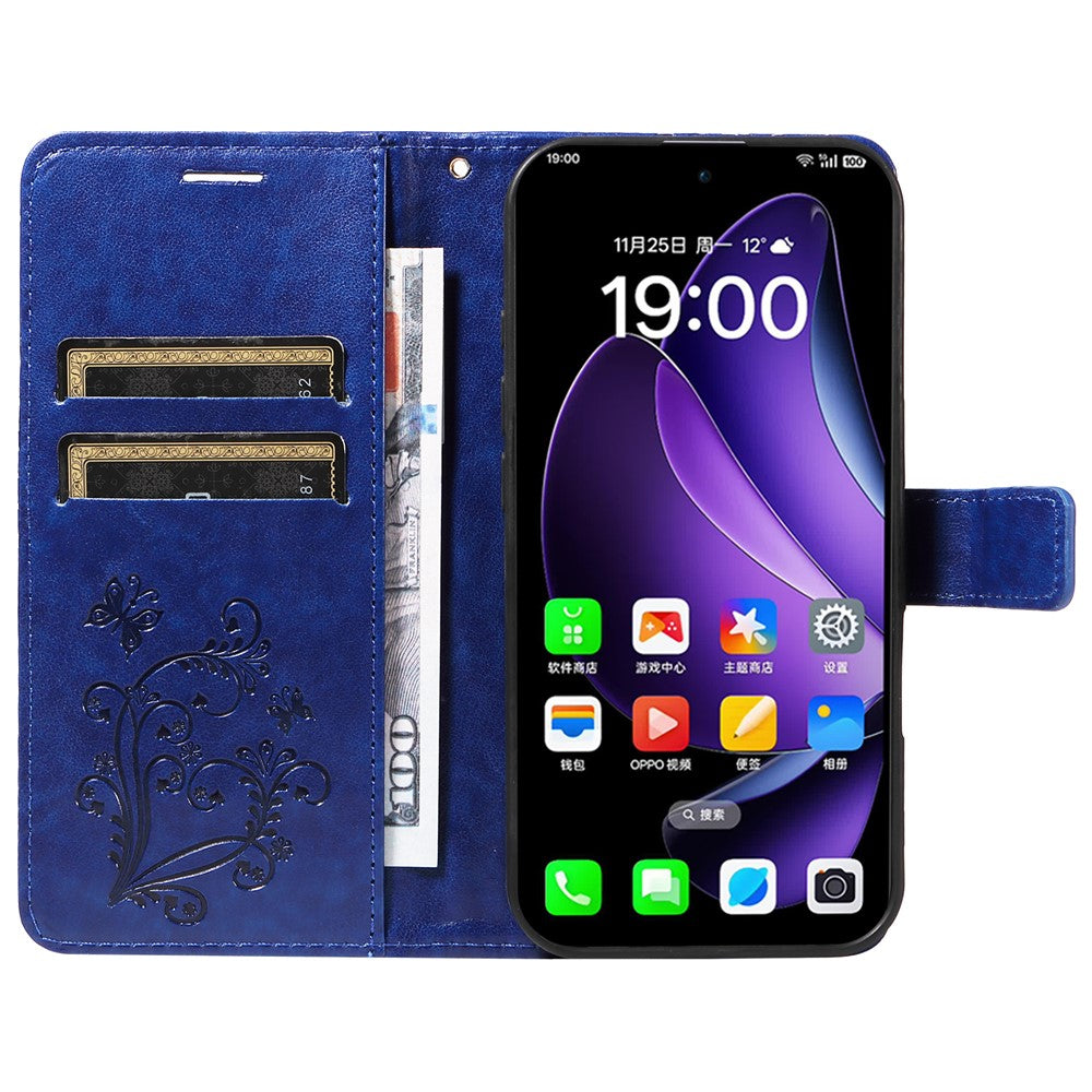 For Oppo Reno13 5G (Global) Wallet Case Floral Butterfly Imprinted Leather Phone Cover Stand - Blue