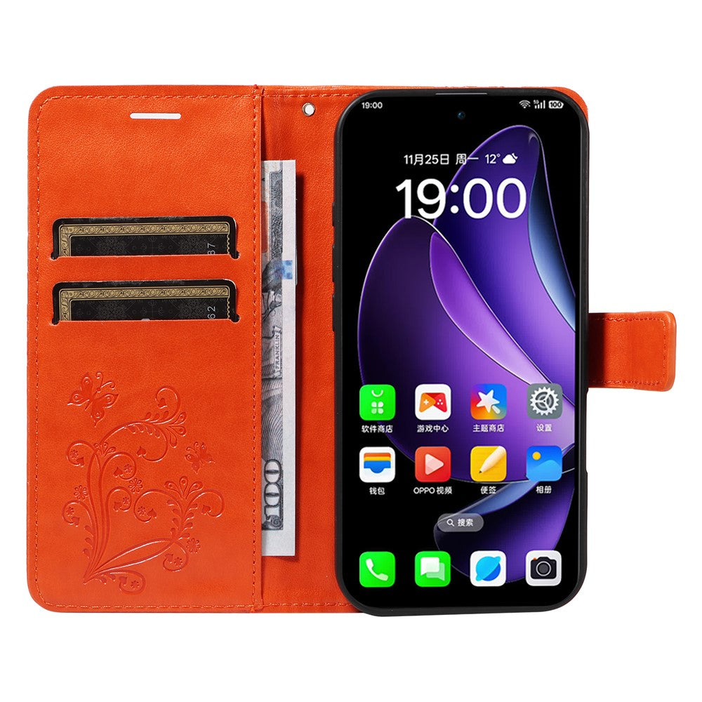For Oppo Reno13 5G (Global) Wallet Case Floral Butterfly Imprinted Leather Phone Cover Stand - Orange