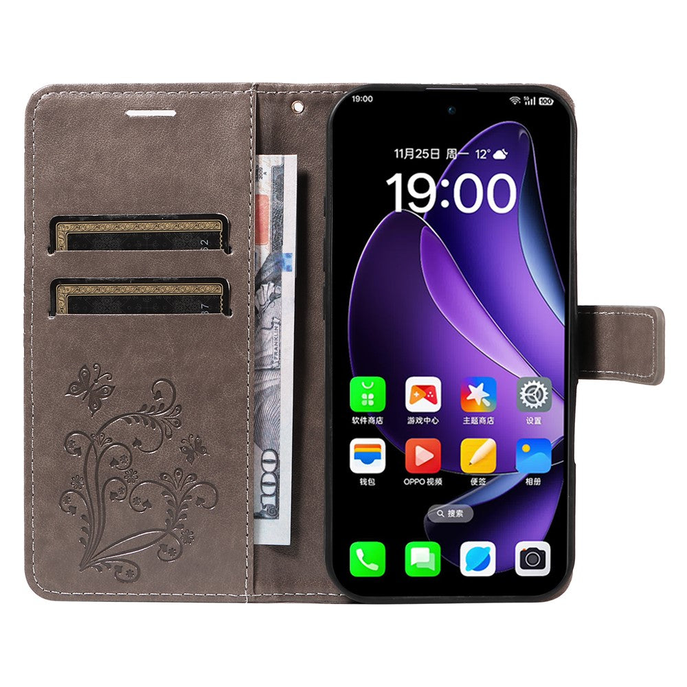 For Oppo Reno13 5G (Global) Wallet Case Floral Butterfly Imprinted Leather Phone Cover Stand - Grey