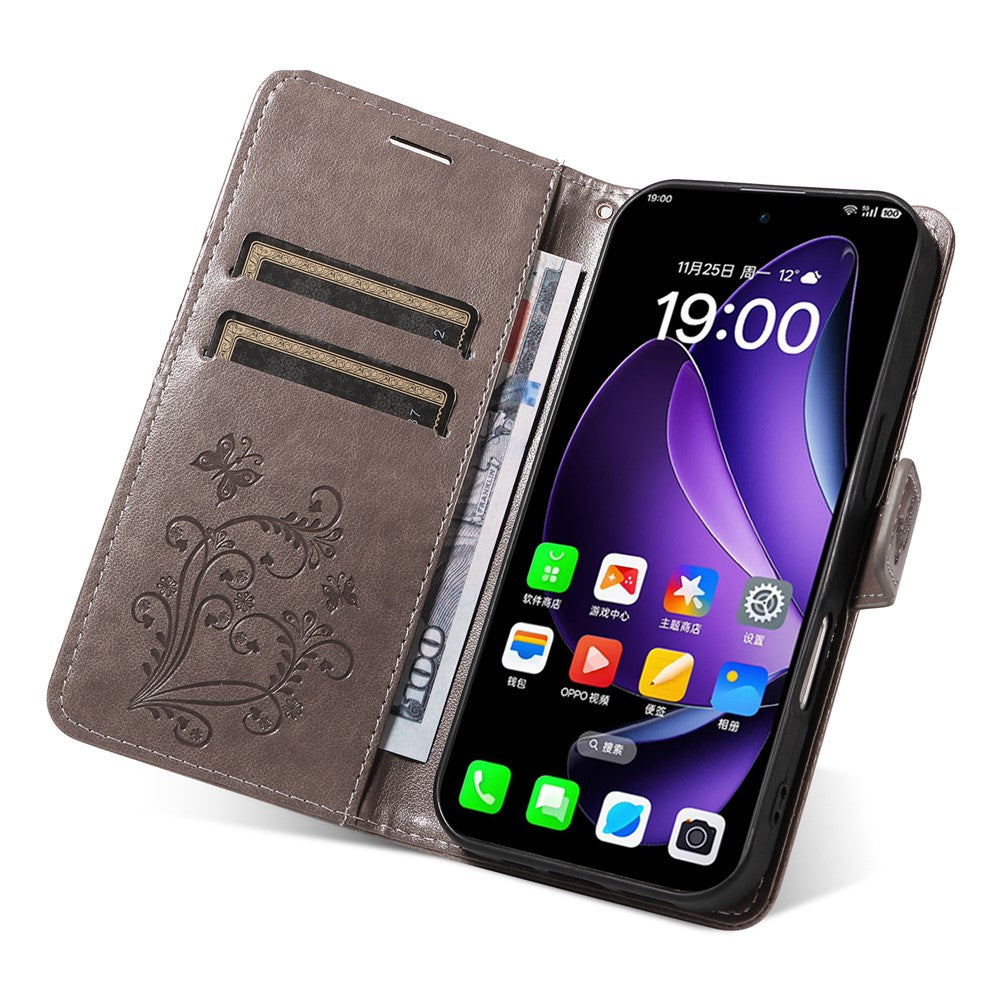 For Oppo Reno13 5G (Global) Wallet Case Floral Butterfly Imprinted Leather Phone Cover Stand - Grey