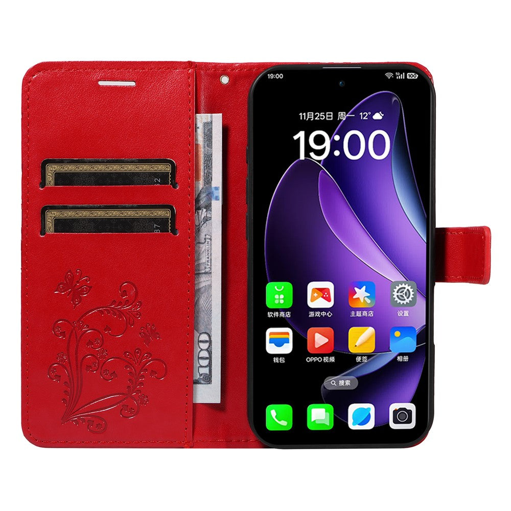 For Oppo Reno13 5G (Global) Wallet Case Floral Butterfly Imprinted Leather Phone Cover Stand - Red