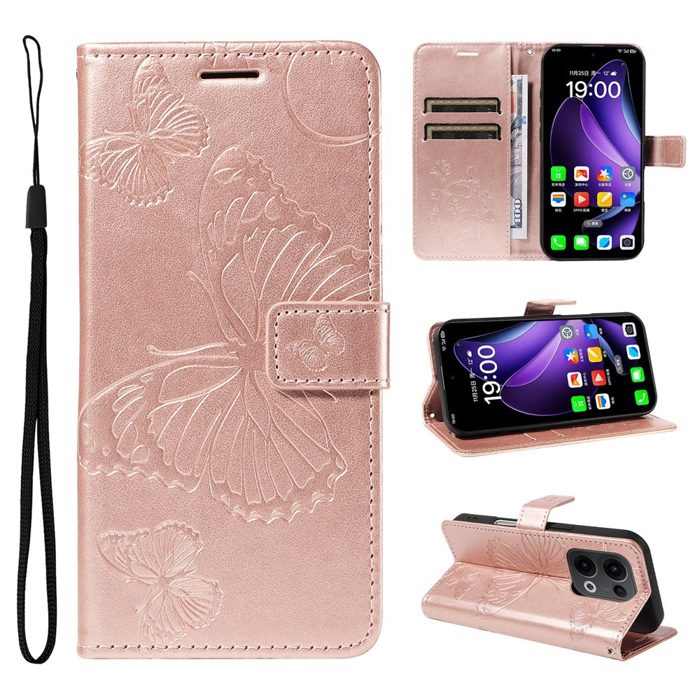 For Oppo Reno13 5G (Global) Wallet Case Floral Butterfly Imprinted Leather Phone Cover Stand - Rose Gold