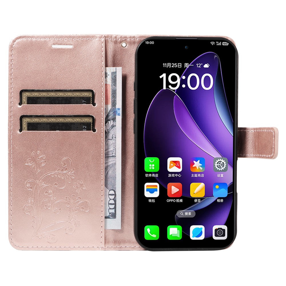 For Oppo Reno13 5G (Global) Wallet Case Floral Butterfly Imprinted Leather Phone Cover Stand - Rose Gold