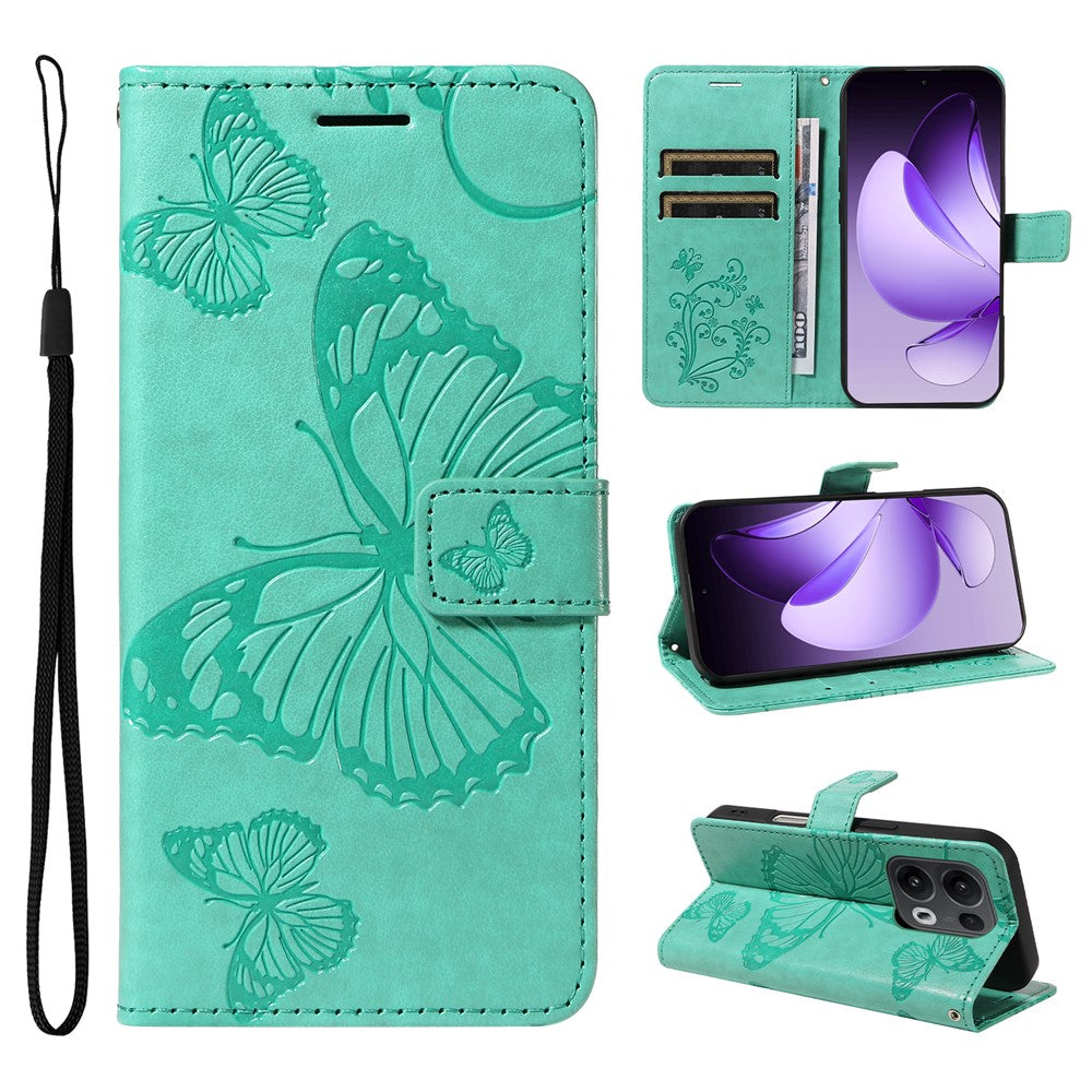 For Oppo Reno13 Pro 5G Wallet Case Floral Butterfly Imprinted Leather Phone Cover Stand - Green