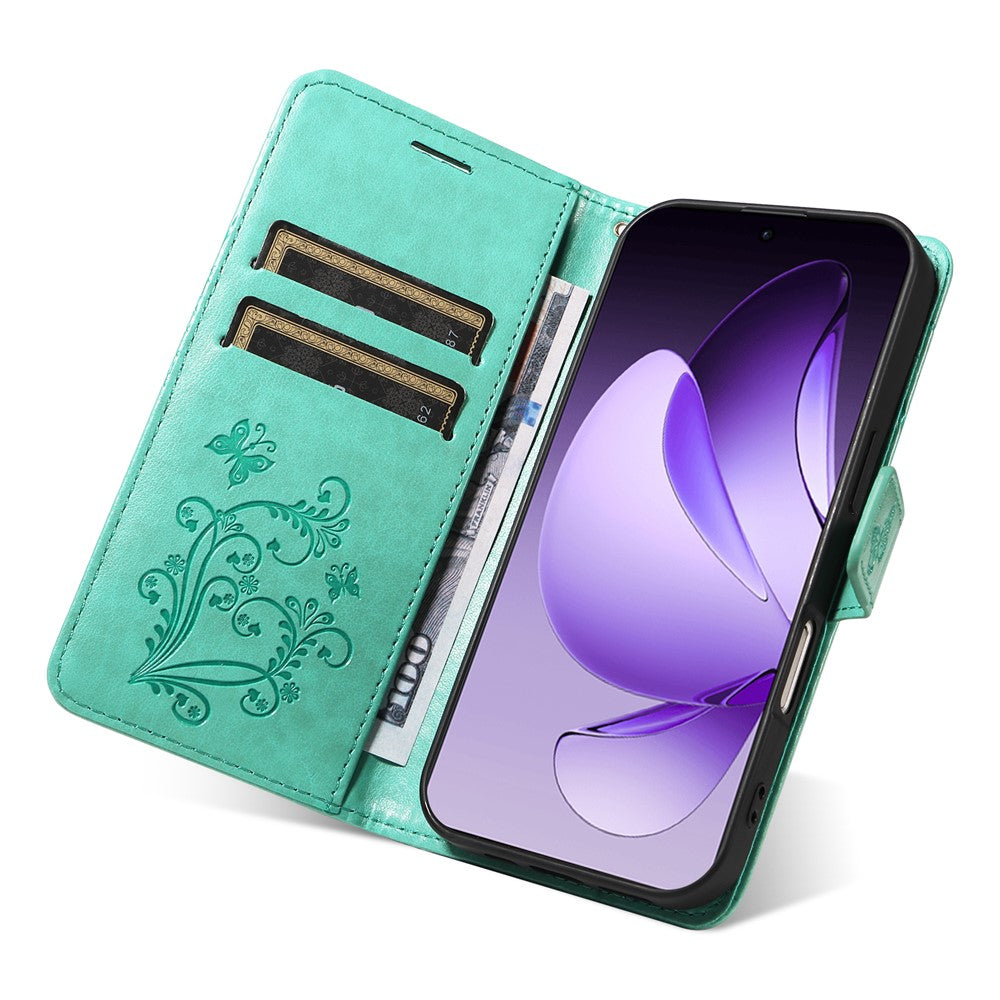 For Oppo Reno13 Pro 5G Wallet Case Floral Butterfly Imprinted Leather Phone Cover Stand - Green