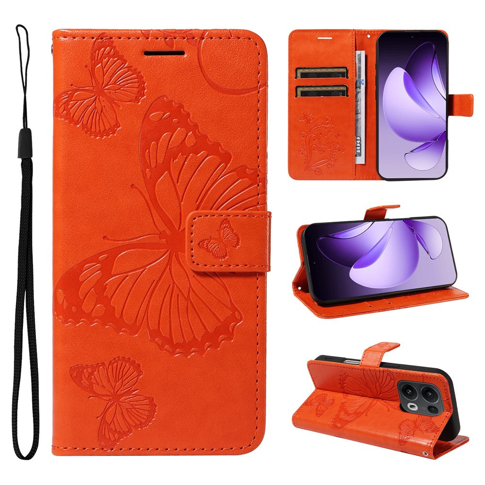 For Oppo Reno13 Pro 5G Wallet Case Floral Butterfly Imprinted Leather Phone Cover Stand - Orange