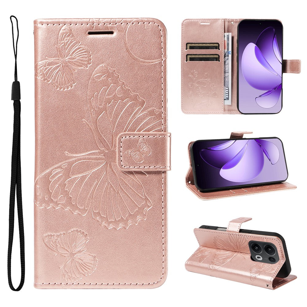 For Oppo Reno13 Pro 5G Wallet Case Floral Butterfly Imprinted Leather Phone Cover Stand - Rose Gold