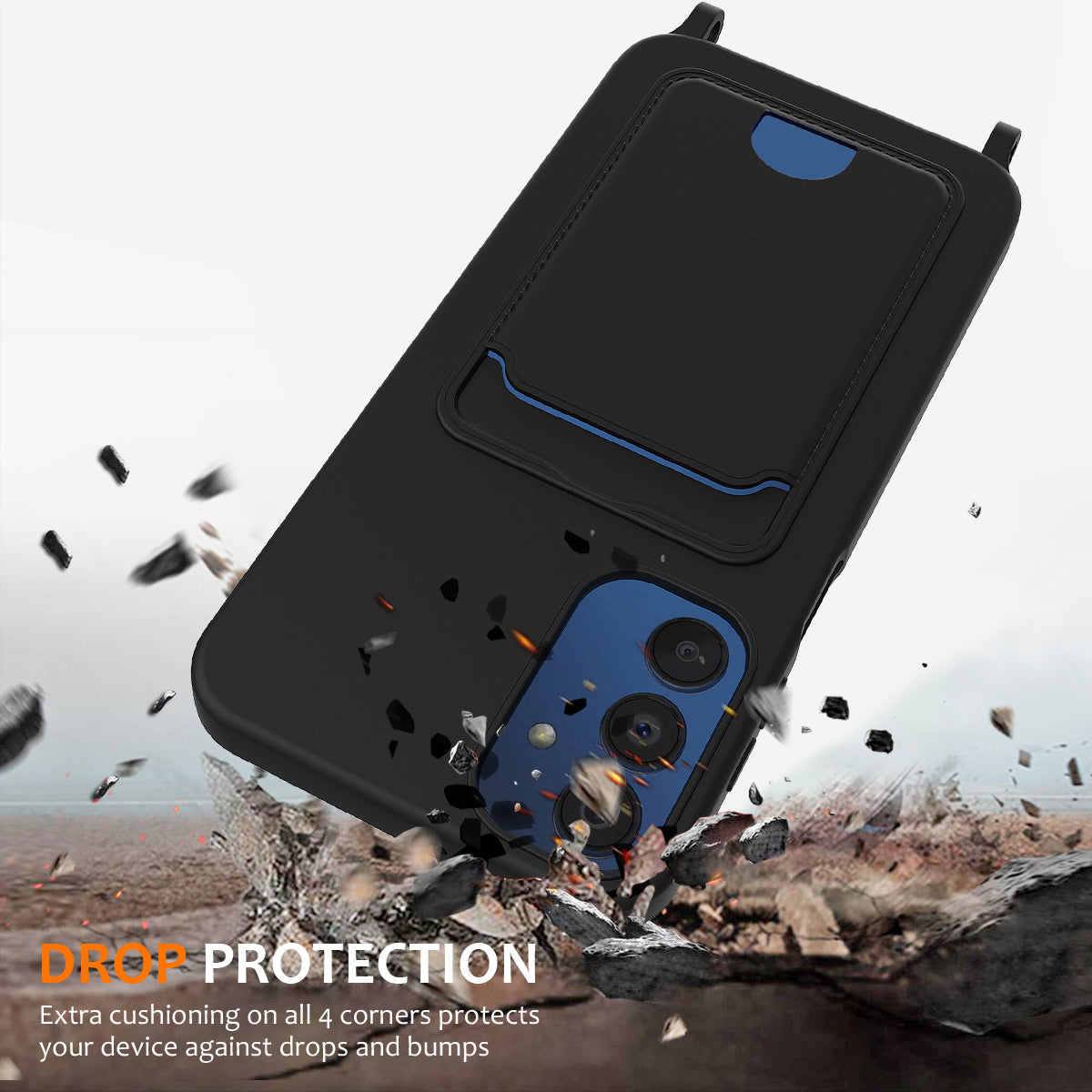 For Samsung Galaxy M14 4G Liquid Silicone Case with Card Holder and Lanyard Back Phone Cover - Black