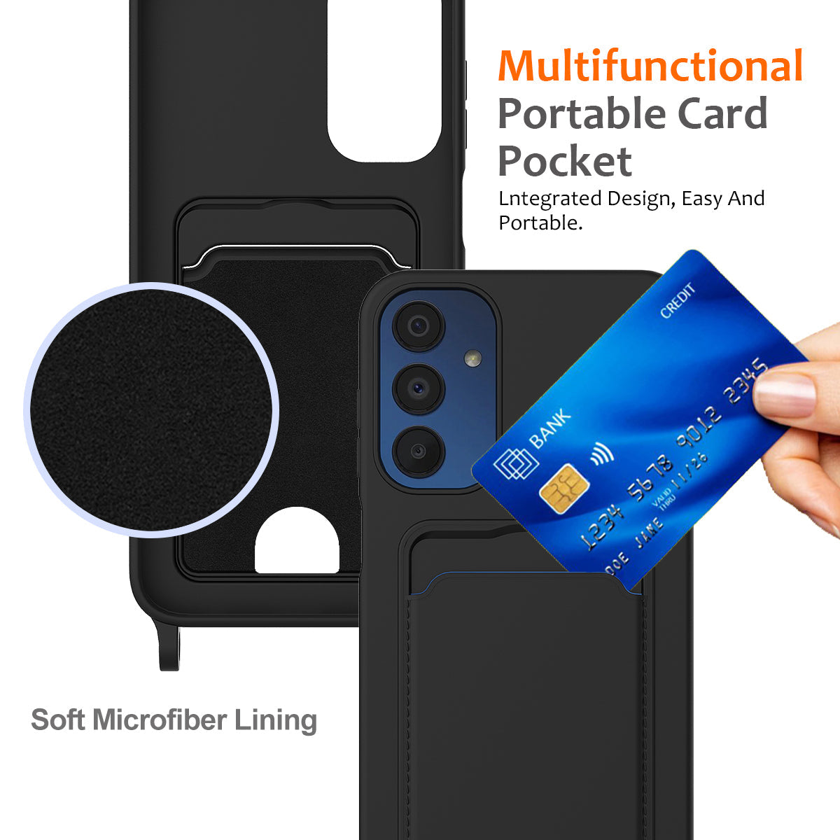 For Samsung Galaxy M14 4G Liquid Silicone Case with Card Holder and Lanyard Back Phone Cover - Black
