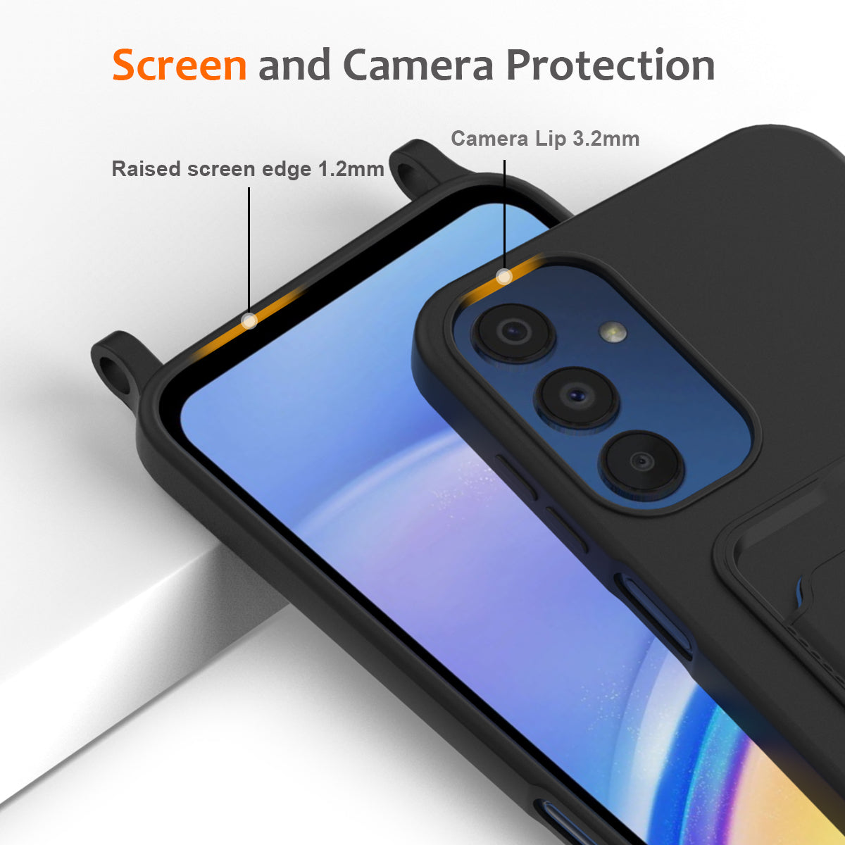 For Samsung Galaxy M14 4G Liquid Silicone Case with Card Holder and Lanyard Back Phone Cover - Black