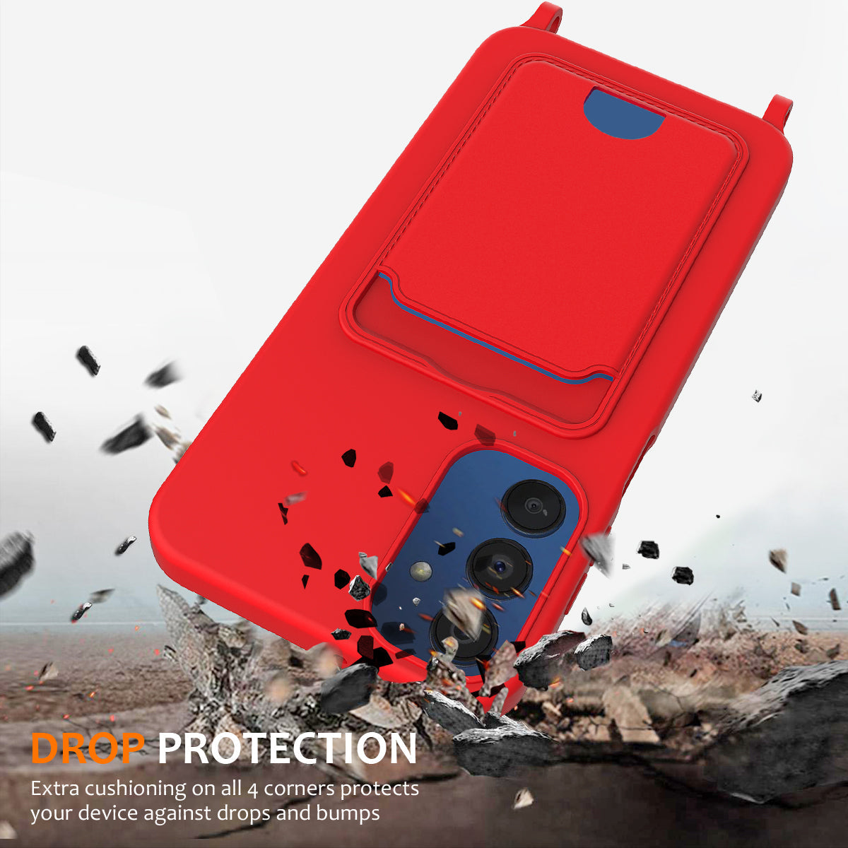 For Samsung Galaxy M14 4G Liquid Silicone Case with Card Holder and Lanyard Back Phone Cover - Red
