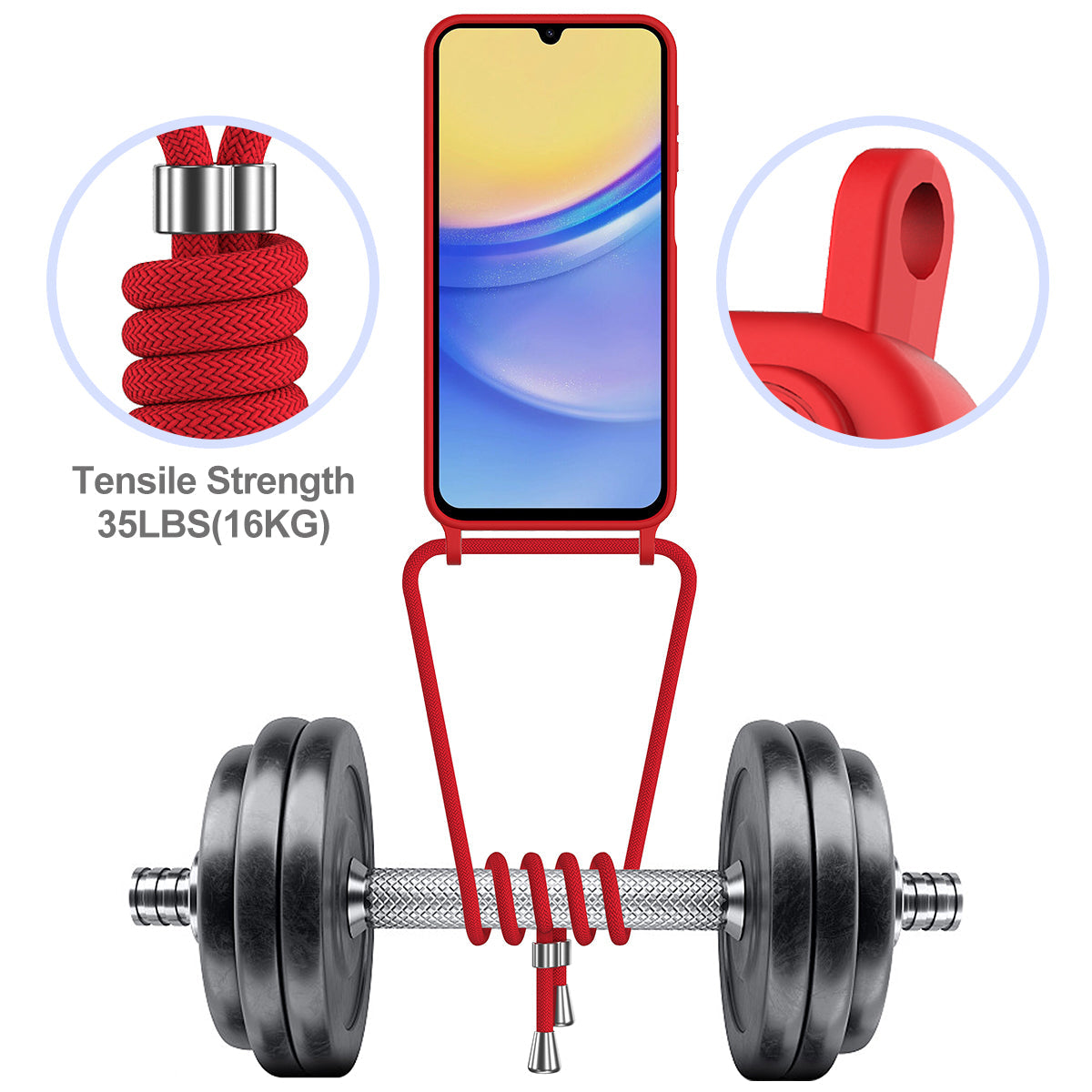 For Samsung Galaxy M14 4G Liquid Silicone Case with Card Holder and Lanyard Back Phone Cover - Red